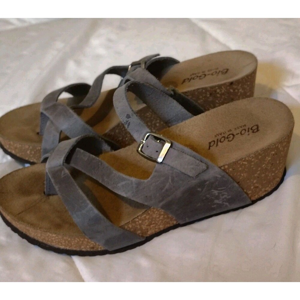 Bio-Gold Italian Gray Suede Cork Wedge Sandals Strappy Thong Sz 7.5-8